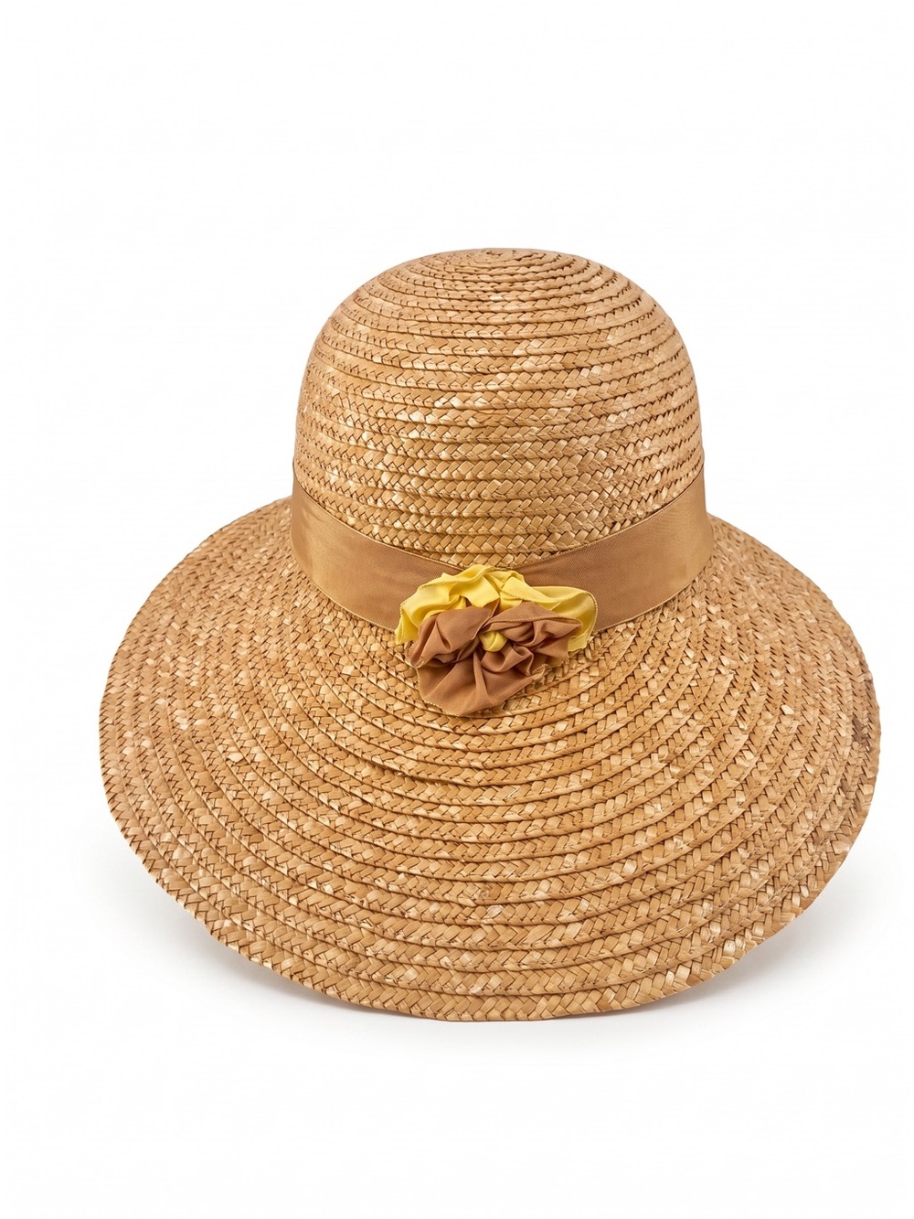 Front Wide Brim Flat Back Straw Hat by Grace Manchester Natural Ribbon & Flower